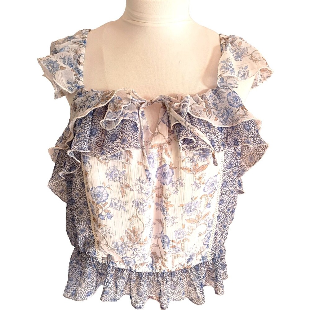 CATO Fairy Cottage Core Blue Floral Ruffled Short Sleeveless Top Size XL